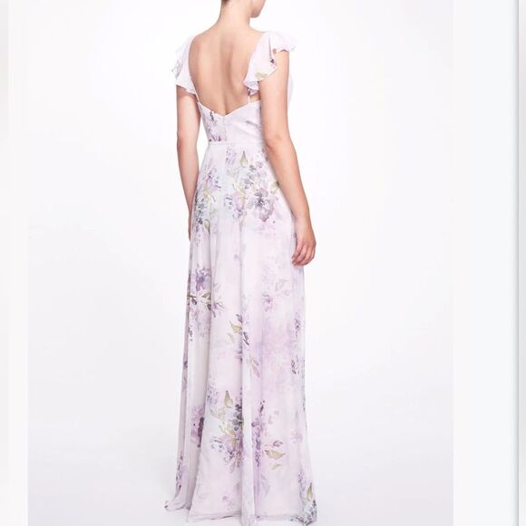 Marchesa Lilac Floral Chiffon Gown with Ruffle Cami Straps and Waist Tie Sz 0 - Picture 2 of 14